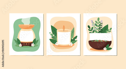 Set of three minimalist art prints showcases a serene aroma diffuser a calming candle and a bowl of fresh herbs symbolizing relaxation and wellness practices.