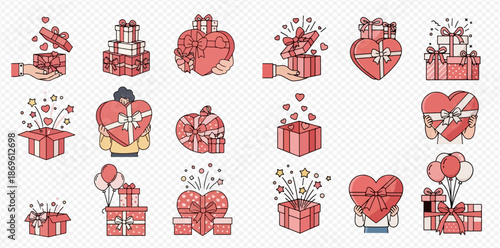 Set of various red gift boxes and heart-shaped presents for holidays and celebrations.