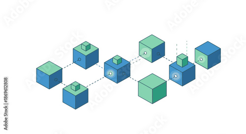 Interconnected cubes in a 3D network showcasing technology and data visualization in a modern digital landscape from an isometric viewpoint