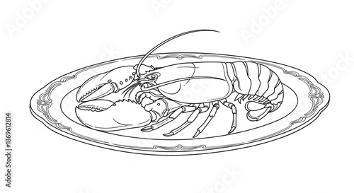 Detailed black and white line art illustration of a freshly cooked whole lobster resting elegantly on an ornate serving plate.