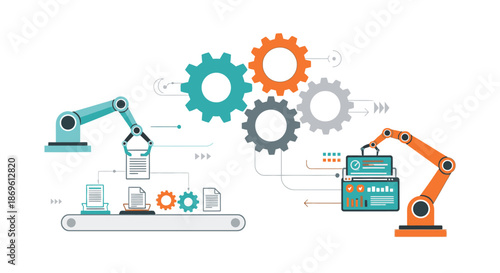 Industrial automation process illustration featuring robotic arms and mechanical components