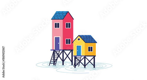 Two colorful stilt houses with vibrant roofs and doors stand elevated above calm blue water symbolizing traditional coastal living or unique architectural styles.