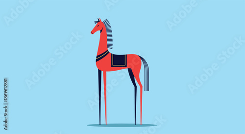 Unique stylized red horse with long slender legs and a majestic mane stands gracefully on a light blue background offering a modern artistic animal representation.