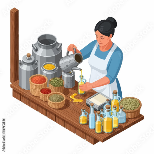 Woman pouring oil into bottles on a wooden counter with various ingredients.
