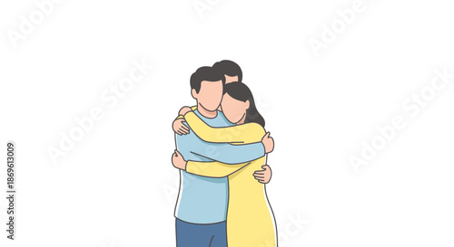 A man and woman embracing each other in a tender moment, standing together in a simple background, viewed from the front.