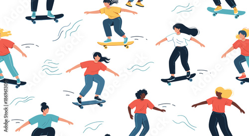 Vibrant seamless pattern features diverse women joyfully skateboarding across a white background creating a dynamic and inclusive representation of urban sports culture.