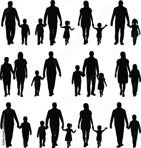 Silhouettes of diverse families holding hands in three rows against a white background black