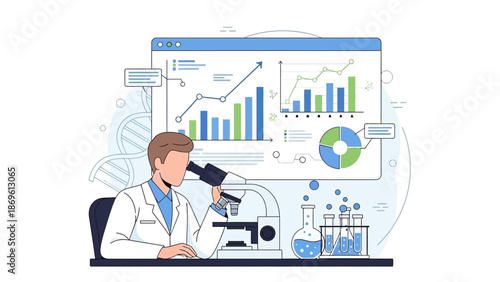 Scientific research and data analysis illustration depicting a scientist using a microscope in a modern laboratory setting with digital charts and graphs for insightful discovery and innovation