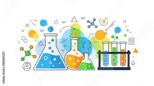 Chemical laboratory illustration featuring colorful flasks, beakers, and test tubes with abstract scientific elements, representing research and educational concepts