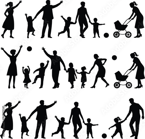 Silhouettes of a family playing with a ball and pushing a baby stroller in a park setting black white