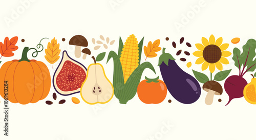 Vibrant horizontal banner showcases a diverse autumn harvest of pumpkins figs pears corn eggplants mushrooms and sunflowers on a light background.
