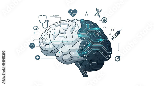 Abstract depiction of a human brain fused with digital circuitry, symbolizing the integration of artificial intelligence with neuroscience