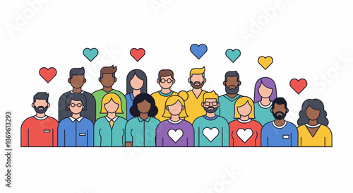 Diverse group of people standing together with hearts above them