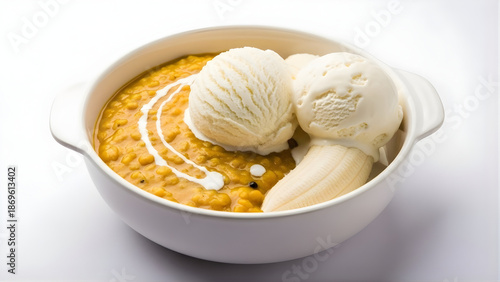 Surreal Dish of Dhal, Ice Cream and Banana on an Airplane Background