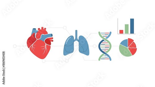 Medical science abstract illustration showcasing human organs, DNA, and data visualization charts for research and healthcare