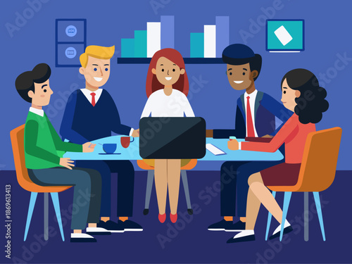 Diverse group of people sitting around a table with a laptop in a meeting room setting with coworkers