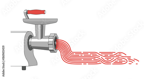 Manual meat grinder produces long strands of ground meat on a white background depicting traditional food preparation and the process of making fresh mince.