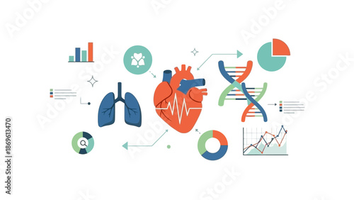 Abstract medical illustration of human anatomy and scientific research with DNA and heart diagrams