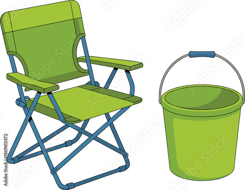 Green folding chair and bucket with handle on white background metal frame