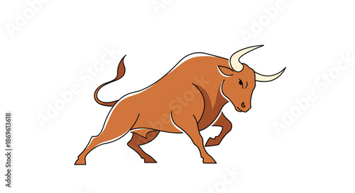 Powerful and majestic brown bull with large horns in an aggressive dynamic stance symbolizing strength and determination.