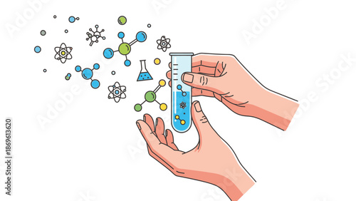 Illustration of hands holding a test tube with molecules and atoms floating out, symbolizing scientific research and discovery