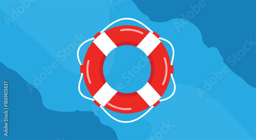 Vibrant red and white lifebuoy floats securely on a wavy blue background symbolizing safety rescue and assistance in aquatic environments or emergency situations.