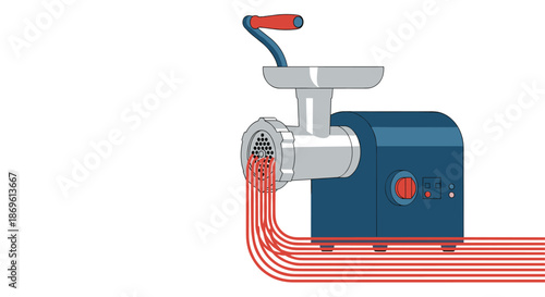 Electric meat grinder produces multiple strands of ground meat on a white background illustrating modern kitchen appliances and efficient food processing techniques.