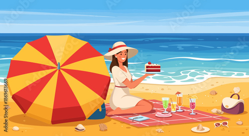 Woman Enjoying Picnic on Sandy Beach.