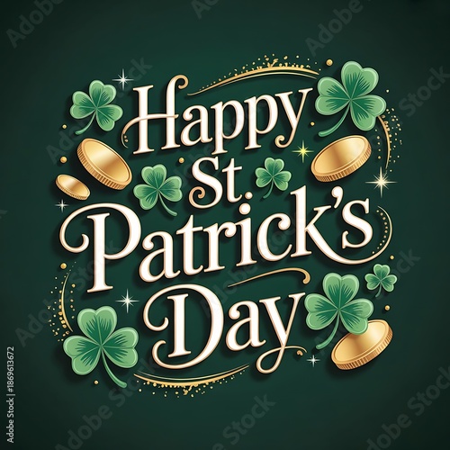 Happy st patrick s day greeting with clovers and gold coins illustration