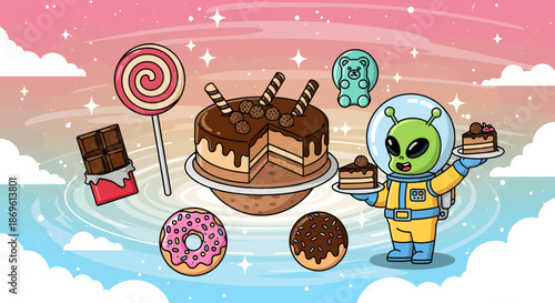 Alien Character with Sweets and Desserts.