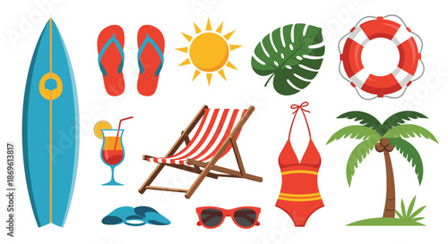 Comprehensive collection of vibrant summer beach vacation icons including a surfboard flip-flops sun leaf lifebuoy and swimwear on a white background.