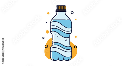 Stylishly designed plastic water bottle filled with clear blue liquid and surrounded by abstract orange and circular shapes.