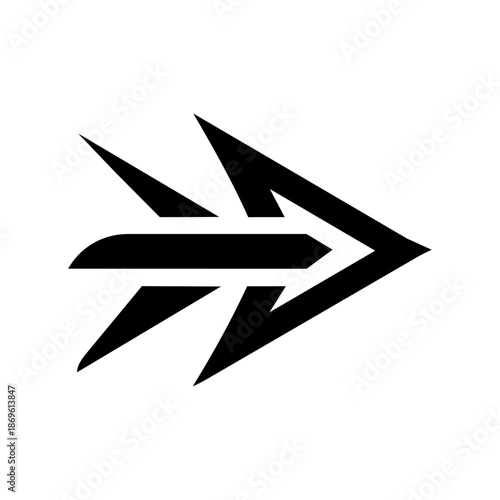 Sharp forward arrow combined with lightning-like angles, representing speed, decisive action, energy, and rapid progress in technology or performance-focused contexts.