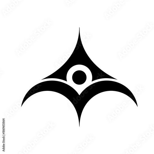 Abstract symmetrical mark with a central circle and upward curves, symbolizing balance, protection, and focused growth.