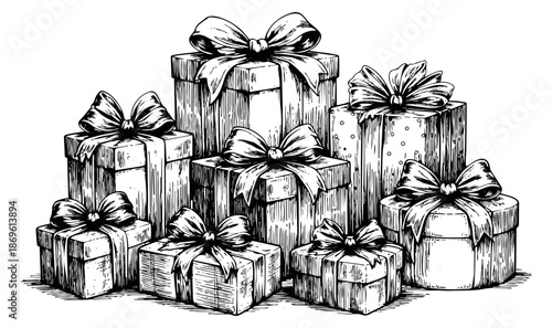 Hand drawn line art gift boxes set featuring multiple presents with ribbons and bows for celebrations and special occasions