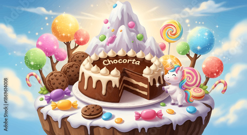 Chocolate Cake with Candy Decorations and Icing.