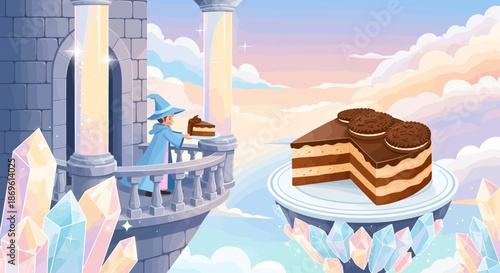 Chocolate Layer Cake on White Plate Fantasy Scene.