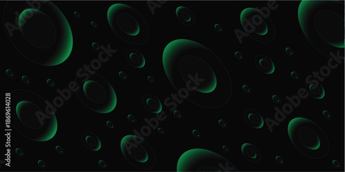 Dark abstract background with floating green glowing bubbles. Futuristic liquid spheres suspended in black space with depth and contrast. Technology, science, and modern digital atmosphere concept.