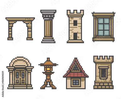 Pixel heritage icons set, showcasing architectural elements in flat pixel vector style including old bridge arch, carved column, medieval tower
