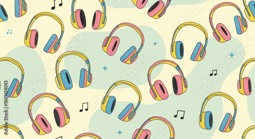 Vibrant seamless pattern featuring colorful over-ear headphones with musical notes and sparkling stars on an abstract light background.