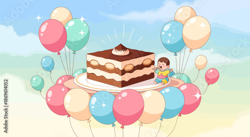 Chocolate Layer Cake with Balloons and Child.