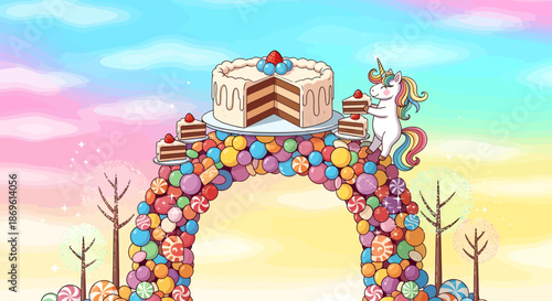 Colorful Candy Archway with Cake Unicorn.