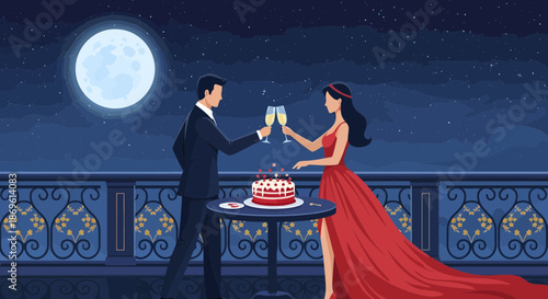 Couple Celebrating Romantic Dinner Under Full Moon.