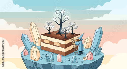 Fantasy Cake with Crystals and Trees Illustration.