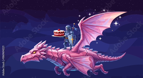 Fantasy Dragon Flying with Rider and Cake.