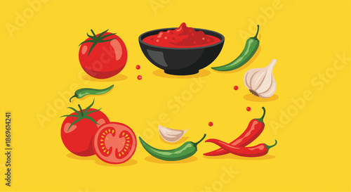 Vibrant circular arrangement of fresh tomatoes green and red chili peppers garlic and a bowl of spicy salsa.