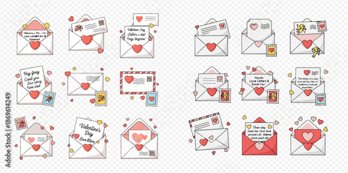 Set of Valentine's Day love letters and envelopes with hearts, romantic messages, and stamps.