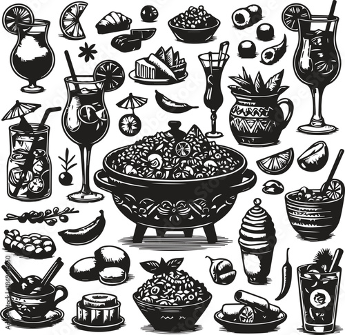 Spanish vibe set in sketch style. Hand drawn Mediterranean food, paella, sangria, tapas, gazpacho, churros, chorizo, jamon. Coastal collection for card, prints, wedding, menus design silhouette 