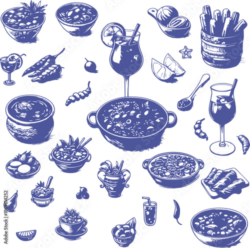 spanish food set, blue hand drawn style vector illustration.