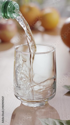 Pouring water into the glass of water. Safe drinking water is the basic condition for human health.

